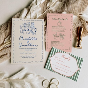 Invitación de boda retro colorida y brillante, diseño dibujado a mano, plantilla de invitación ondulada e ilustrada, juego de tarjetas manuscritas digitales AT27