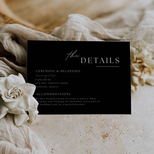 Plantilla de tarjeta de boda con detalles negros / Inserción de detalles de boda modernos / Tarjeta de gabinete editable / Tarjeta de invitación de descarga instantánea / AT04