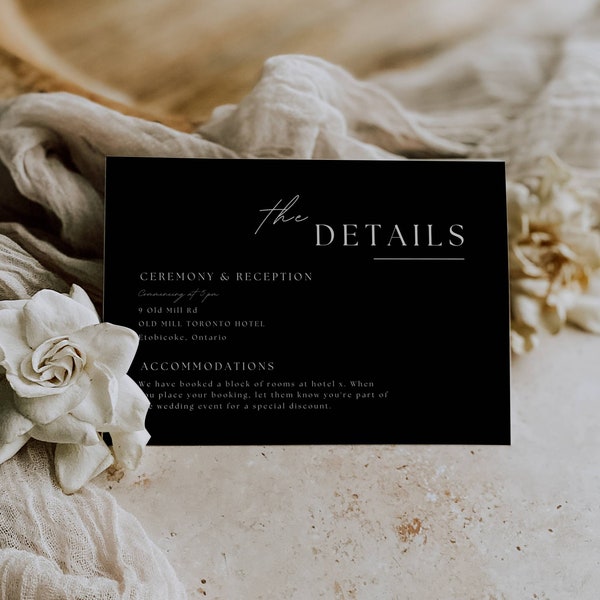 Black Details Wedding Card Template | Modern Wedding Details Insert | Editable Enclosure Card | Instant Download Invitation Card | AT04