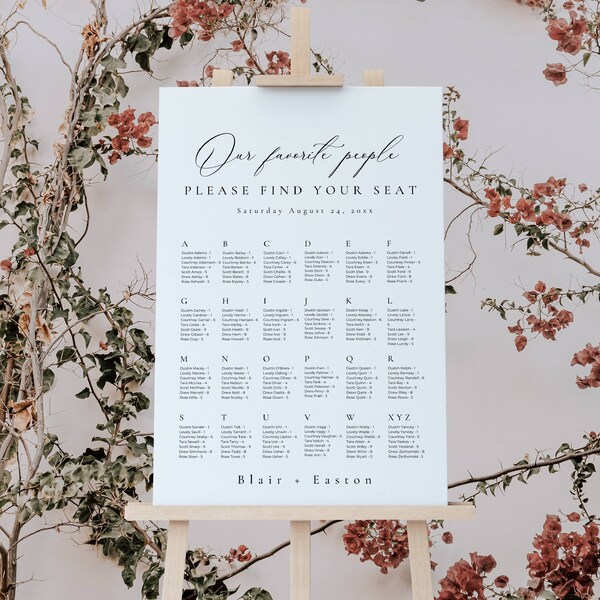 Elegant Seating Chart for Wedding by Alphabet, Our Favorite People Seating Chart Template, Alphabetical Seating Plan by Last Name  -AT10