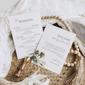 Tropical Destination Wedding Weekend Itinerary, Welcome Bag Note & Timeline, Beach Order Of Events Card, Welcome Letter Template, Palm Trees