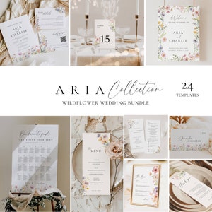 May include: A set of 24 printable wedding templates featuring a watercolor floral design with a light pink, yellow, and green color scheme. The templates include a welcome sign, seating chart, menu, table number, and thank you card. The text on the welcome sign reads "Welcome to the wedding of Aria and Charlie".