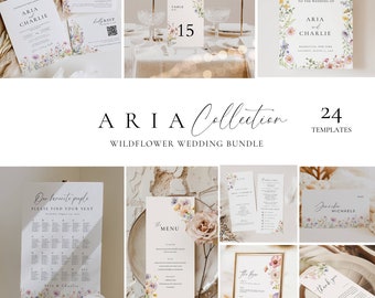 Wildflower Wedding Reception Template Bundle, Summer Reception Signage Package, Floral Wedding Table Signs, Editable Stationery Bundle -AT13