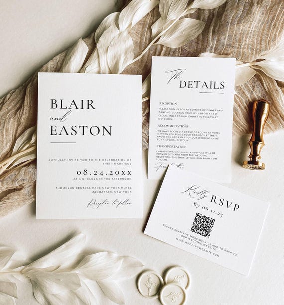 Minimalist Wedding Invitation Bundle Qr Code,  Minimal Invitation Template Set, Modern Invite Suite, Elegant Online Rsvp, Details Card AT10