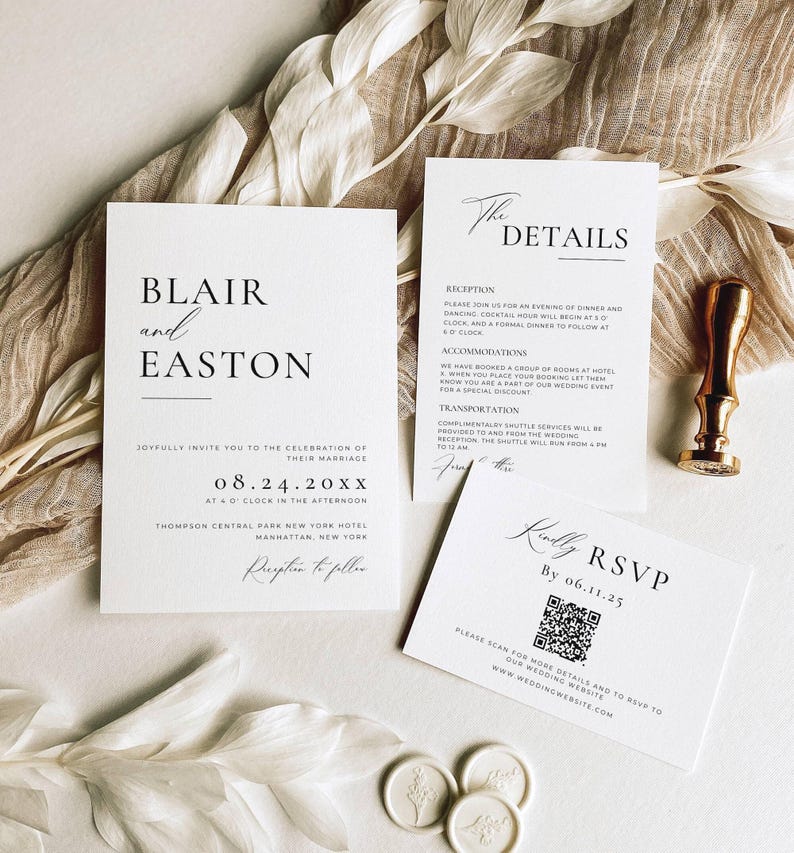 Paquete de invitaciones de boda minimalistas con código QR, plantillas de invitación minimalistas, paquete de invitaciones modernas, confirmación de asistencia en línea elegante, tarjeta de detalles AT10 imagen 1