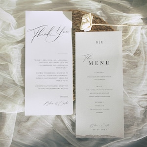 Menu de mariage avec remerciement, remerciement et carte de cadre pour le menu du dîner, modèle de note de serviette de table, cartes de menu de bienvenue modernes -AT10