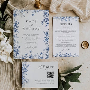Hellblaue Toile-Hochzeitsset-Vorlage, Chinoiserie-Hochzeitseinladungspaket, Dusty Blue Invitation Suite Download, French Blue Invites AT09