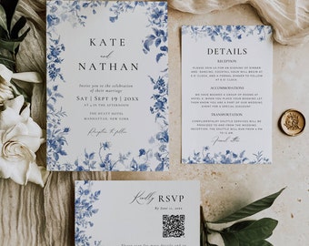 Conjunto de convites de casamento em estilo toile azul claro, pacote de convites de casamento em estilo chinoiserie, conjunto de convites em azul acinzentado para download, convites em azul francês AT09