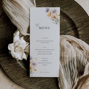 Minimalistyczny szablon menu weselnego Wildflower, menu kolacji na wieczór panieński z kwiatami, karta menu na stół, wskaźniki menu, ikony posiłków, CANVA AT13