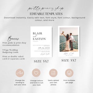 May include: A wedding invitation template with the text "BLAIR and EASTON" and a photo of a couple. The template is 5x7 inches and includes options to edit text, font, and color. The design also offers a print guide and budgeting guide.