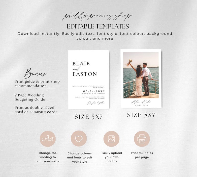 May include: A wedding invitation template with the text "BLAIR and EASTON" and a photo of a couple. The template is 5x7 inches and includes options to edit text, font, and color. The design also offers a print guide and budgeting guide.