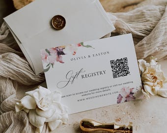 Floral Wedding Gift Registry Card, QR Code Registry Bridal Shower Insert, Minimalist Wedding Gift Enclosure Template  -AT15