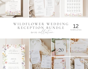 Wildflower Wedding Signage Package, Whimiscal Invitation Bundle Templates, Floral Wedding Reception Signs, Summer Wedding Day Decor  -AT13