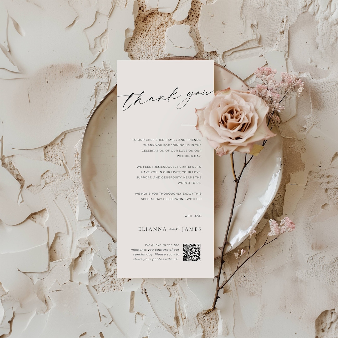 Wedding Thank You Card With Qr Code, Modern Thank You Note Template ...