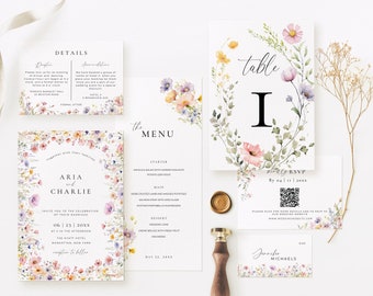 Wedding Stationary Bundle Wildflower, Wildflower Wedding Reception Signs, Whimsical Floral Wedding Invite Suite, Editable Table Signage AT13