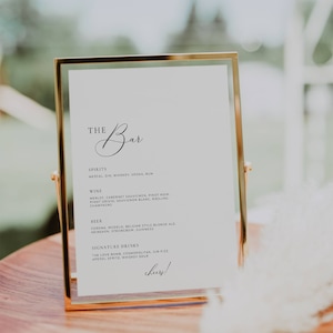 Modèle de mariage de menu de bar élégant, signe de bar moderne en téléchargement numérique, signe de table de boissons signature, signalisation de menu de cocktails modifiable AT10