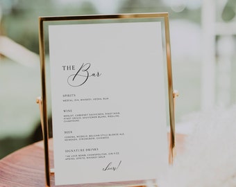Plantilla elegante para menú de bar de boda, letrero de bar moderno, descarga digital, letrero de mesa de bebidas de autor, letrero editable para menú de cócteles AT10