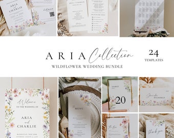Wildflower Wedding Reception Bundle, Floral Reception Sign Template Package, Minimal Wedding Table Signage, Editable Stationery Bundle -AT13