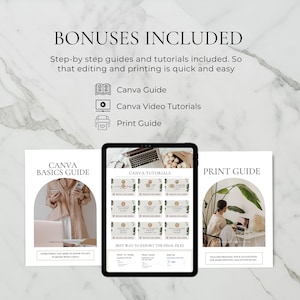 Peut inclure: Une ressource de conception num&eacute;rique avec le texte &laquo;&nbsp;BONUS INCLUS&nbsp;&raquo;. L'image montre une tablette affichant des tutoriels Canva, un guide Canva Basics et un guide d'impression. Les guides offrent des instructions &eacute;tape par &eacute;tape pour l'&eacute;dition et l'impression.