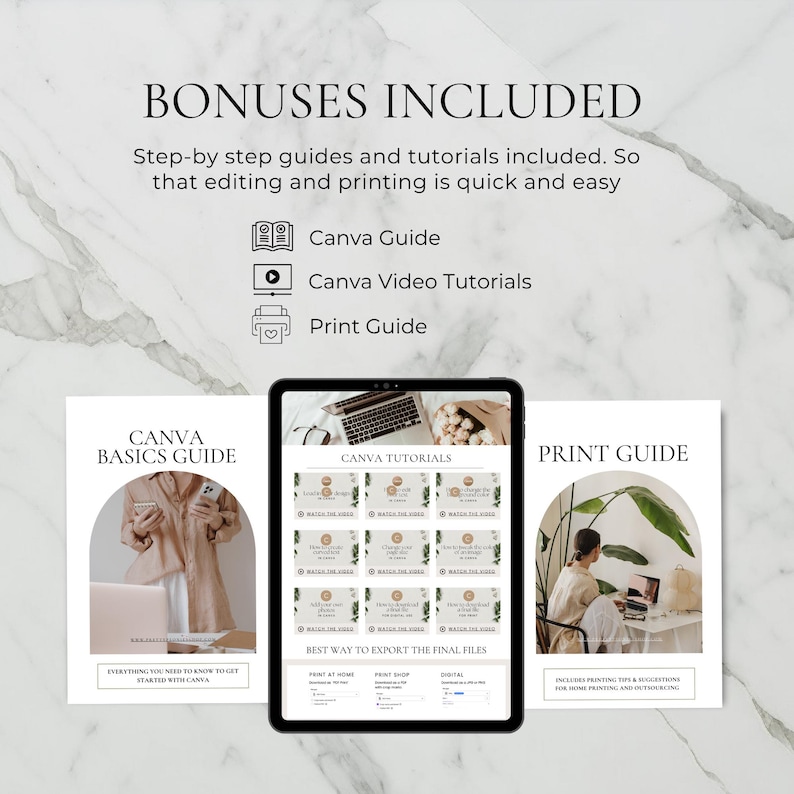 Peut inclure: Une ressource de conception num&eacute;rique avec le texte &laquo;&nbsp;BONUS INCLUS&nbsp;&raquo;. L'image montre une tablette affichant des tutoriels Canva, un guide Canva Basics et un guide d'impression. Les guides offrent des instructions &eacute;tape par &eacute;tape pour l'&eacute;dition et l'impression.