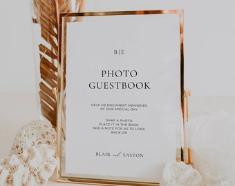 Plantilla de cartel para libro de visitas con fotos, plantilla moderna de cartel para libro de visitas de boda, instrucciones para libro de visitas con fotos, señalización editable para recepción AT10