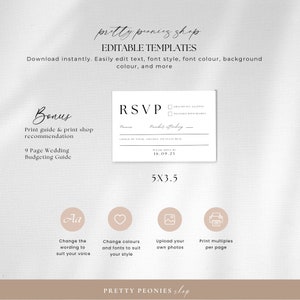 May include: Editable RSVP card template for a wedding. The card is white with black text and a black border. The text on the card says "RSVP" and includes space for the guest's name, number attending, choice of meal, and RSVP date. The card is 12.7x8.9 cm.