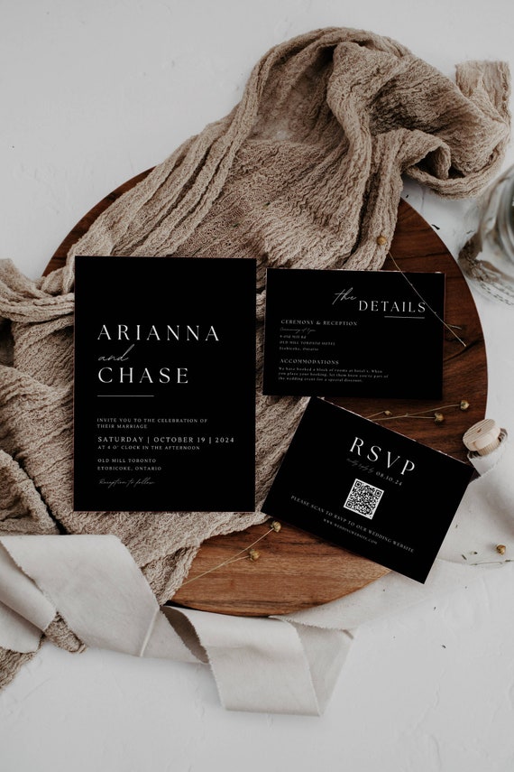 Black Wedding Invitation Suite with QR Code Rsvp, Black and White Wedding Invitation Set, Editable Invite, Details INSTANT DOWNLOAD AT04