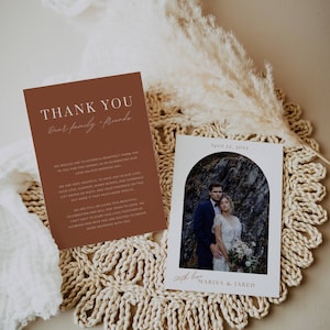 Tarjetas de agradecimiento de boda terracota, Nota de agradecimiento bohemia con foto, Plantilla de carta de agradecimiento después de la boda, Tarjetas de agradecimiento editables AT03