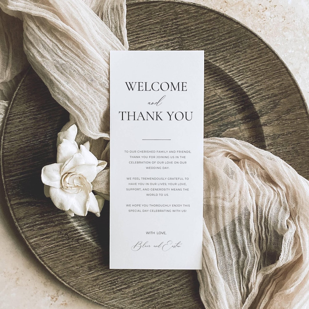 Wedding Welcome and Thank You Table Card, Printable Welcome Menu Note ...