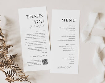 Menu and Thank You Note, Wedding Thank You Card with Qr Code, Reception Dinner Menu Template Canva, Modern Welcome Place Setting Cards -AT10