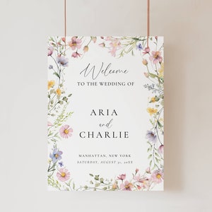 Wildblumen Hochzeit Willkommensschild zum Ausdrucken, Floral Willkommensschild Vorlage, Elegante Willkommenstafel für den Empfang, Großes Willkommensposter AT13