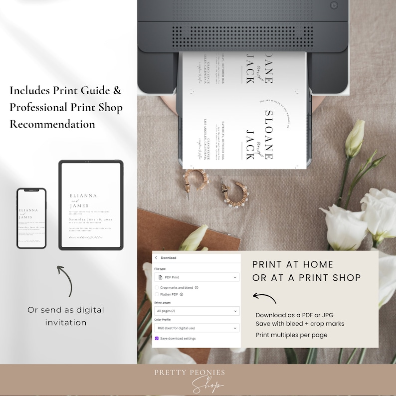 May include: A digital download of a wedding invitation template with a minimalist design. The invitation features the names "Sloane and Jack" in a simple font. The template is available in PDF and JPG formats and includes crop marks and bleed for printing.