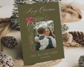 Newlywed Christmas Photo Card Template, Olive Green Mistletoe Holiday Card, Editable Canva Download