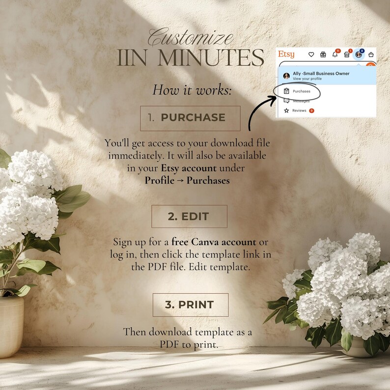 May include: A beige graphic with instructions on how to customize a template in minutes. The steps include purchasing, editing, and printing. An Etsy account screenshot shows where to find purchases.