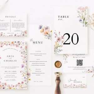 Pacchetto ricevimento cancelleria Wildflower, pacchetto invito matrimonio floreale, codice Qr Rsvp, menu, segno numero tavolo, set modelli Canva AT13