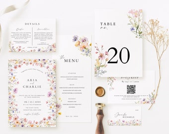 Wildflower Stationery Reception Bundle, Floral Wedding Invitation Package, Qr Code Rsvp, Menu, Table Number Sign, Canva Templates Set AT13