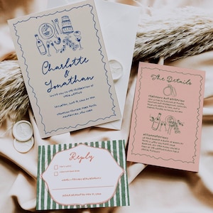Colorful Hand Drawn Wedding Invitation Set, Retro Illustrated Invitation Template, Handwritten Wedding Suite Digital, Wavy Card Bundle AT27