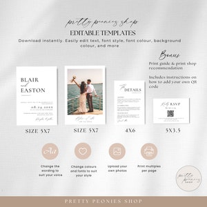 May include: A collection of editable wedding templates from Pretty Peonies Shop. The templates include invitation cards, details cards, and RSVP cards. The designs feature elegant fonts and a photo of a couple. The sizes are 5x7, 4x6, and 5x3.5 inches.