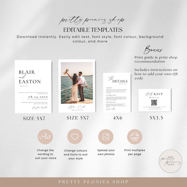 May include: A collection of editable wedding templates from Pretty Peonies Shop. The templates include invitation cards, details cards, and RSVP cards. The designs feature elegant fonts and a photo of a couple. The sizes are 5x7, 4x6, and 5x3.5 inches.