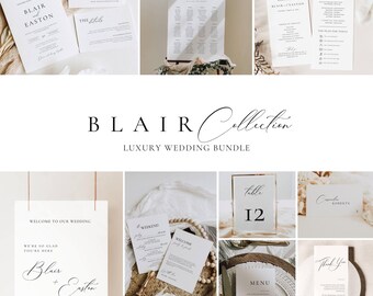Minimal Wedding Bundle Template, Reception Sign Package Editable, Modern Wedding Stationery Bundle, Elegant Wedding Invitation Set AT10