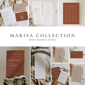 Boho Wedding Reception Template Bundle, Terracotta Wedding Stationery Package, Rust Invitation Bundle, Editable Wedding Table Signs AT03