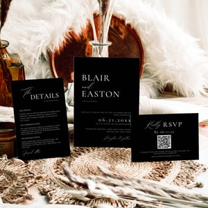 May include: Black and white wedding invitation cards with the names Blair and Easton, the date 06.21.20XX, and the location Thompson Central Park New York Hotel, Manhattan, New York. The RSVP card includes a QR code.