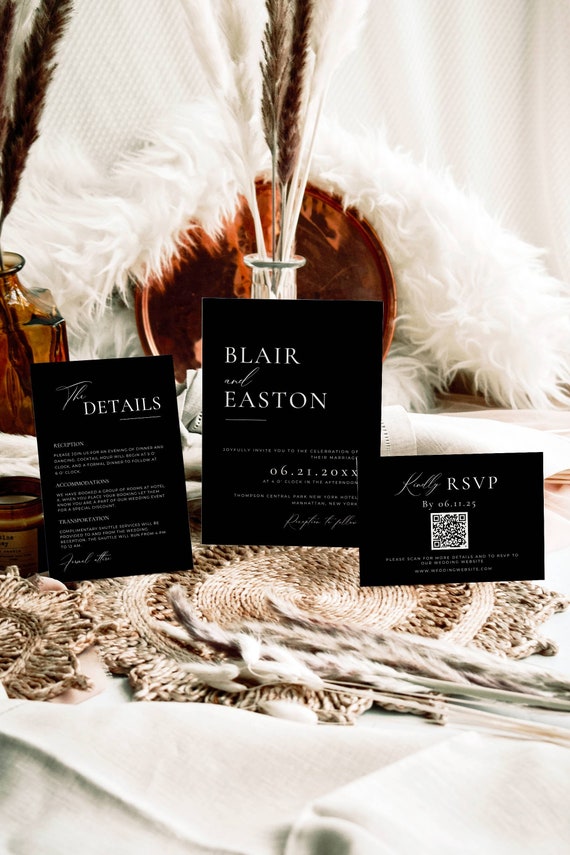 Black Wedding Invitation Suite Template, Dark Wedding Invite Set QR Code RSVP, Black and White Wedding Invitations, Black Wedding Bundle