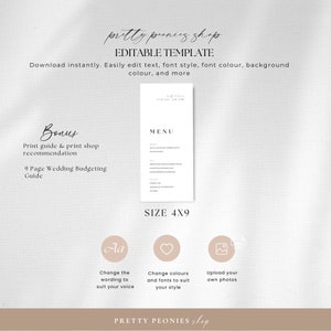 Op de afbeelding: Bewerkbare bruiloftmenu-sjabloon in een minimalistische stijl met een witte achtergrond en zwarte tekst. De sjabloon is 10,16 cm x 22,86 cm groot en bevat een bonus-printgids en een bruiloftbudgetgids. De tekst op de sjabloon luidt "pretty peonies shop" en "MENU".