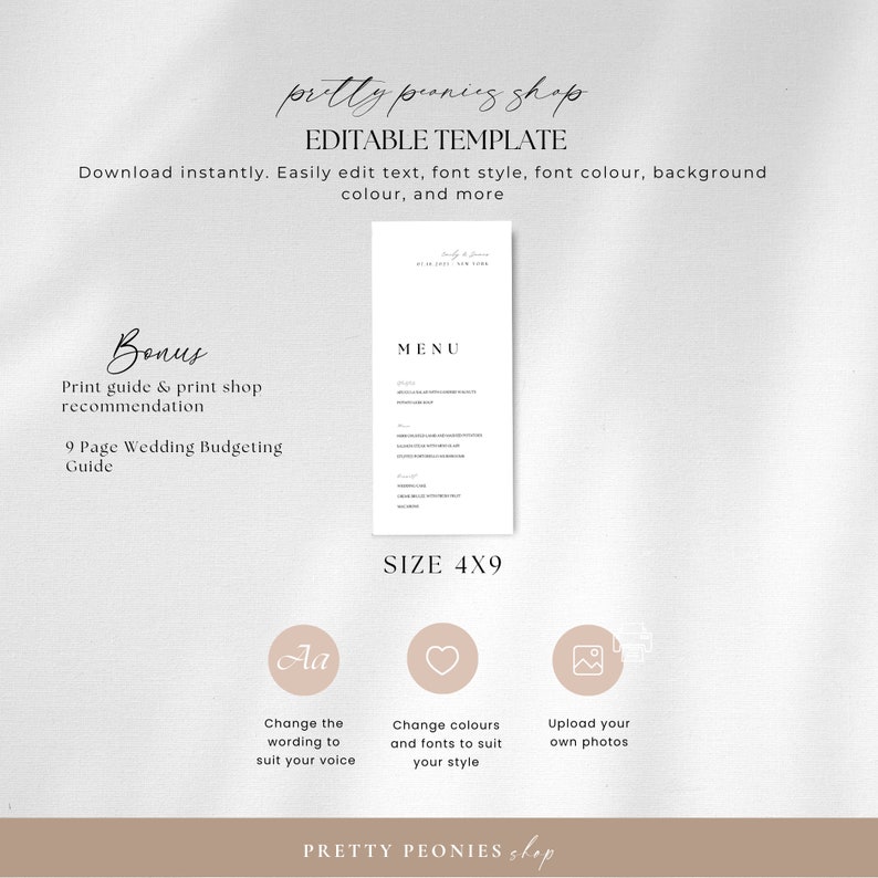 Op de afbeelding: Bewerkbare bruiloftmenu-sjabloon in een minimalistische stijl met een witte achtergrond en zwarte tekst. De sjabloon is 10,16 cm x 22,86 cm groot en bevat een bonus-printgids en een bruiloftbudgetgids. De tekst op de sjabloon luidt "pretty peonies shop" en "MENU".