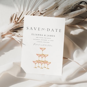Mariage champagne tour carte réservez la date, modèle d'invitation moderne réservez la date, champagne douches faire-parts de mariage modifiables-AT14