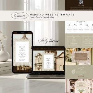 Könnte beinhalten: Eine Hochzeits-Website-Vorlage mit Italien-Thema, angezeigt auf einem Smartphone und einem Laptop. Das Design enthält den Text Canva, Wedding Website Template, Demo link in description, Italy theme, Amelia and James sowie verschiedene Abschnitte.