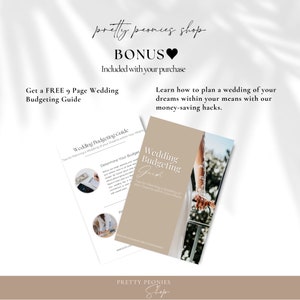 May include: A beige and white wedding budgeting guide with the text "Wedding Budgeting Guide" and "Tips for Planning a Wedding of Your Dreams within Your Means". The guide is open to a page with the title "Determine Your Budget".