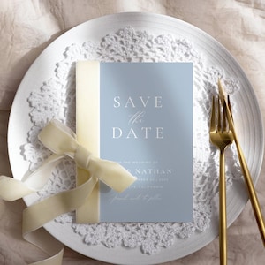 Mariage bleu poussiéreux, réservez des dates, faire-part de mariage numérique bleu Français, réservez notre modèle bleu clair, faire-part de mariage AT09