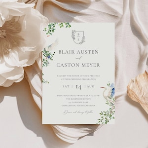 Reiher Hochzeitseinladung, Costal Chic Invite mit Hochzeitswappen, Hochzeitseinladung am Meer Digital, Natur-Themen Briefpapier Vorlage